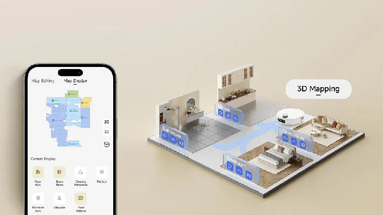 Robot vacuum with mapping cleaning a whole living room in a planned path.