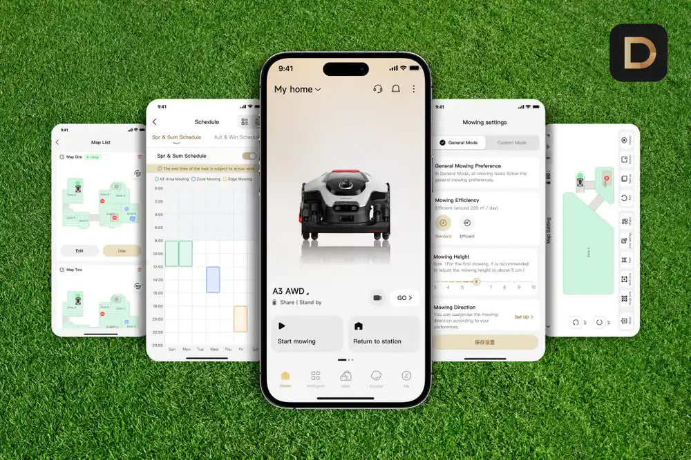 Scheduling hands-free mowing from the Dreamehome app on a phone