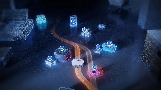 Dreame robot vacuum using AI vision to map a room and spot objects on the floor.