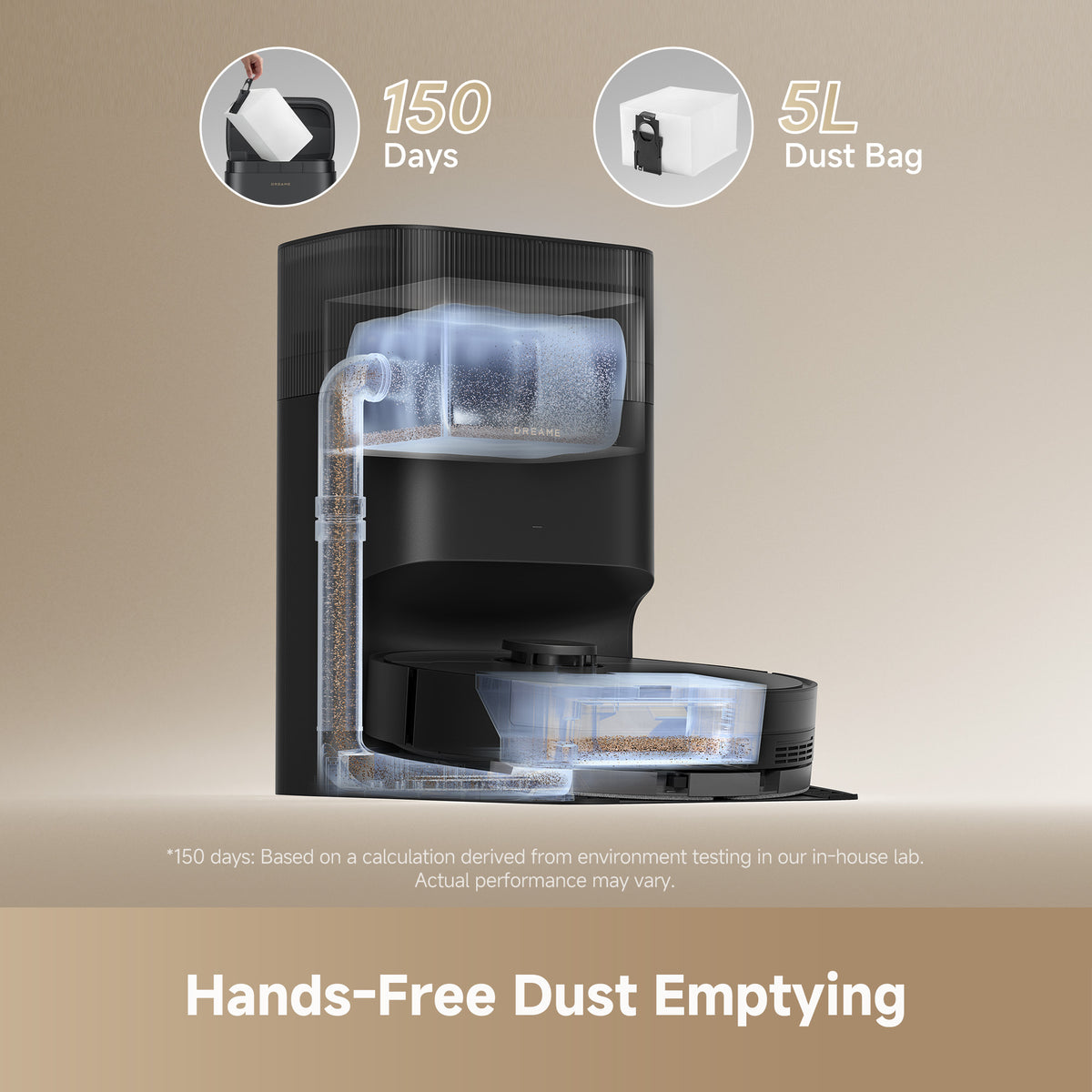 Alt: Dreame D20 Plus robot vacuum emptying into its self-empty dust bag dock. 