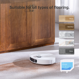 Dreame L10s Ultra robot vacuum cleaning multiple surface types, showcases versatility.