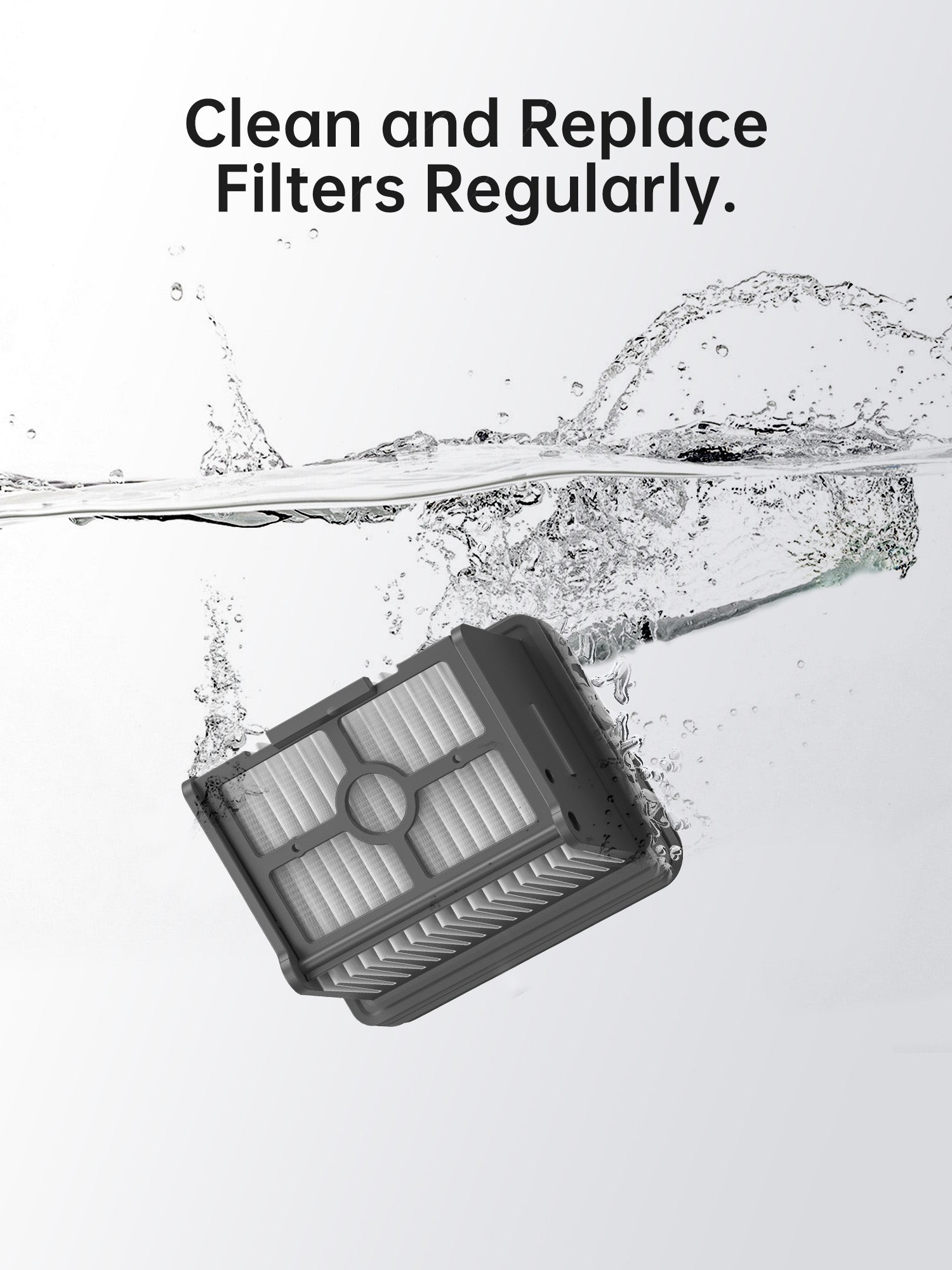 Dreame H12 Pro vacuum filter showcasing cleaning with water and reminder to replace regularly.