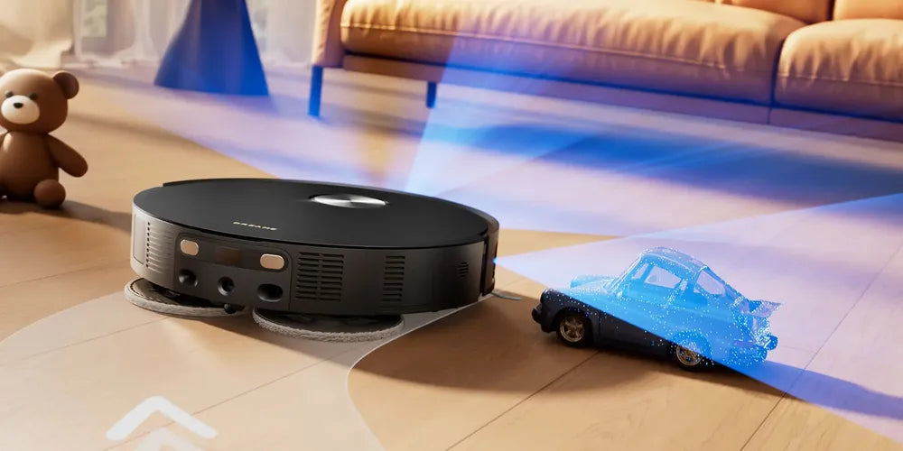 Dreame robot vacuum using AI vision to detect and steer around a toy car on the floor