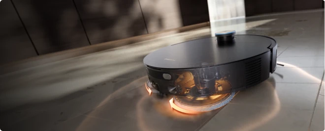 Dreame wet dry vacuum washing a sealed hard floor with hot water in one pass.