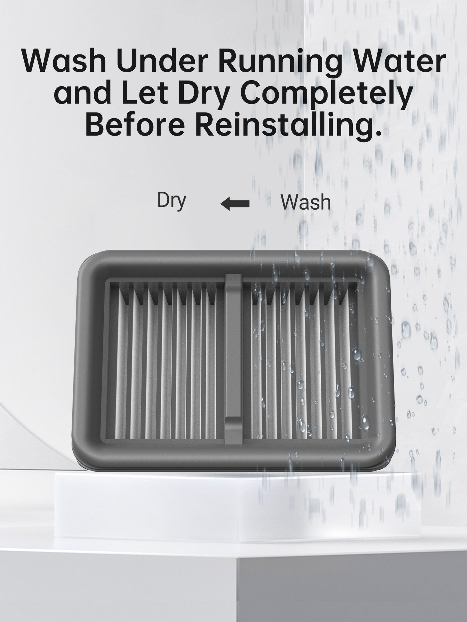 Dreame H12 Pro vacuum filter being cleaned under running water with drying instructions.