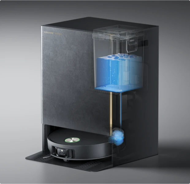 Self-emptying robot vacuum dock auto-refilling the water tank.