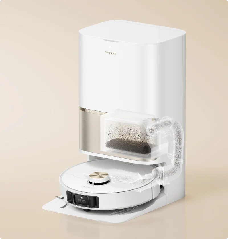 Dreame robot vacuum docking at its self-emptying base station.