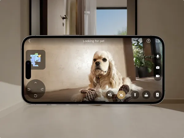 Dreamehome app in pet-finding mode showing a live camera view of a dog on the floor