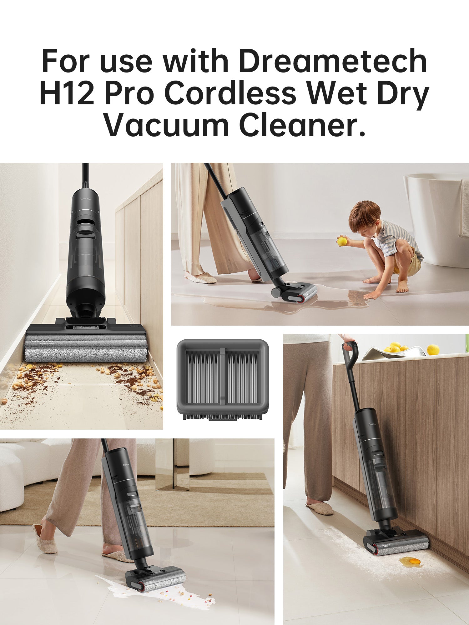 Dreame H12 Pro vacuum cleaner effortlessly picking up spills on the floor.
