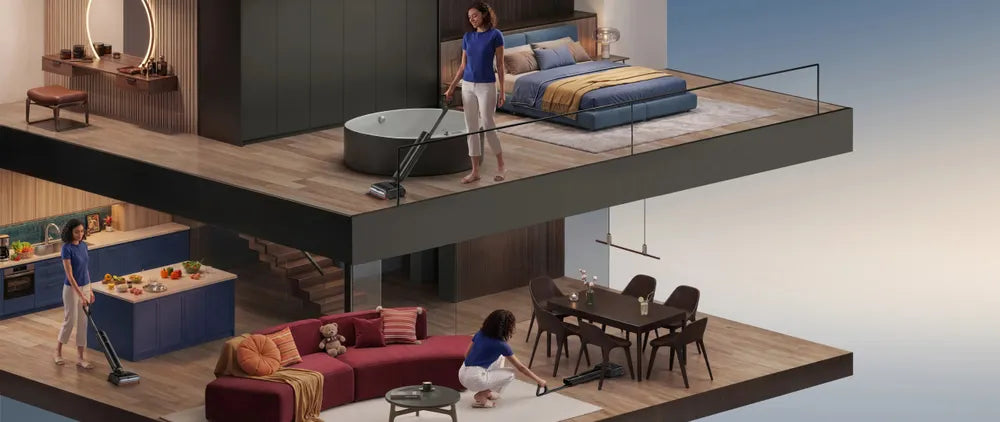 Dreame steam vacuum cleaning hardwood floors across every room of a home on one charge.