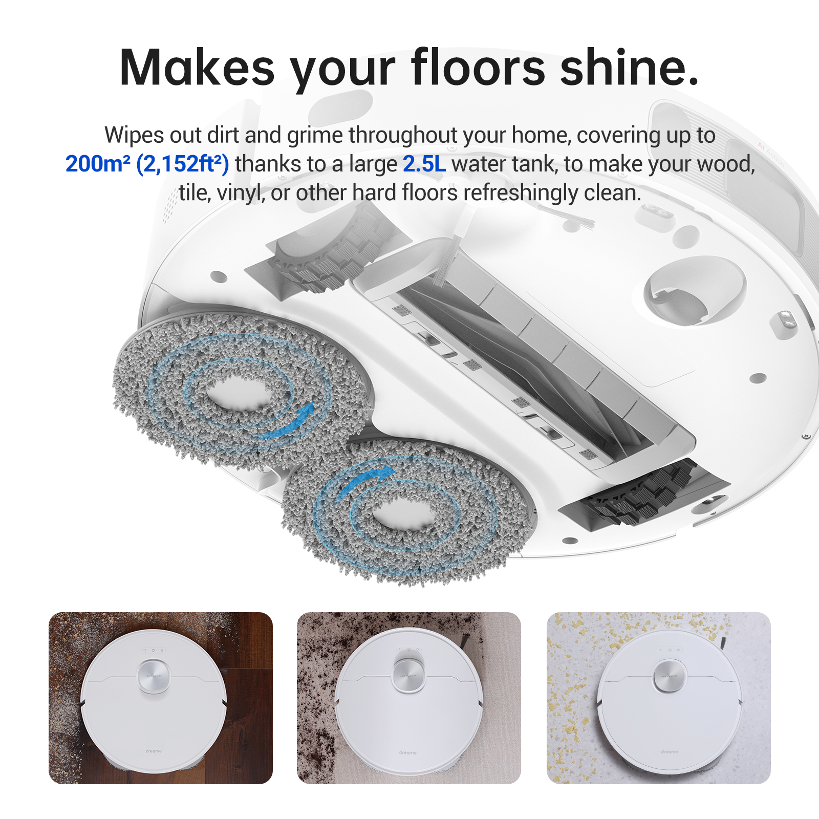 Dreame L10s Ultra Robot Vacuum mops with 2.5L water tank for up to 200m² coverage.