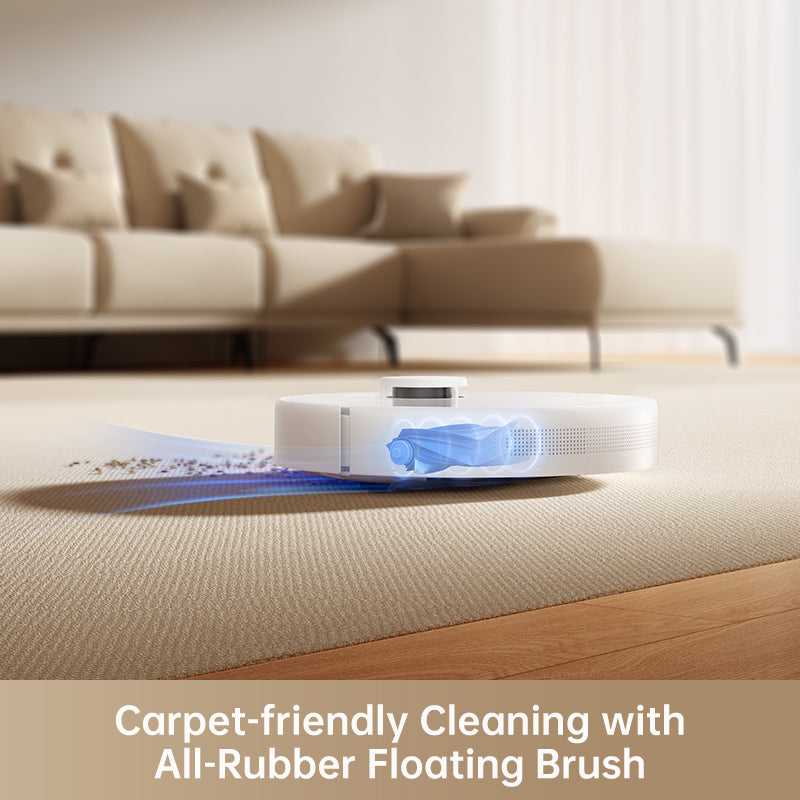 Dreame D10 Plus Gen 2 Robot Vacuum with all-rubber floating brush for carpet-friendly cleaning.