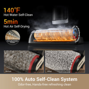 Dreame H14 vacuum showcasing 140°F hot water self-cleaning feature with brush results.