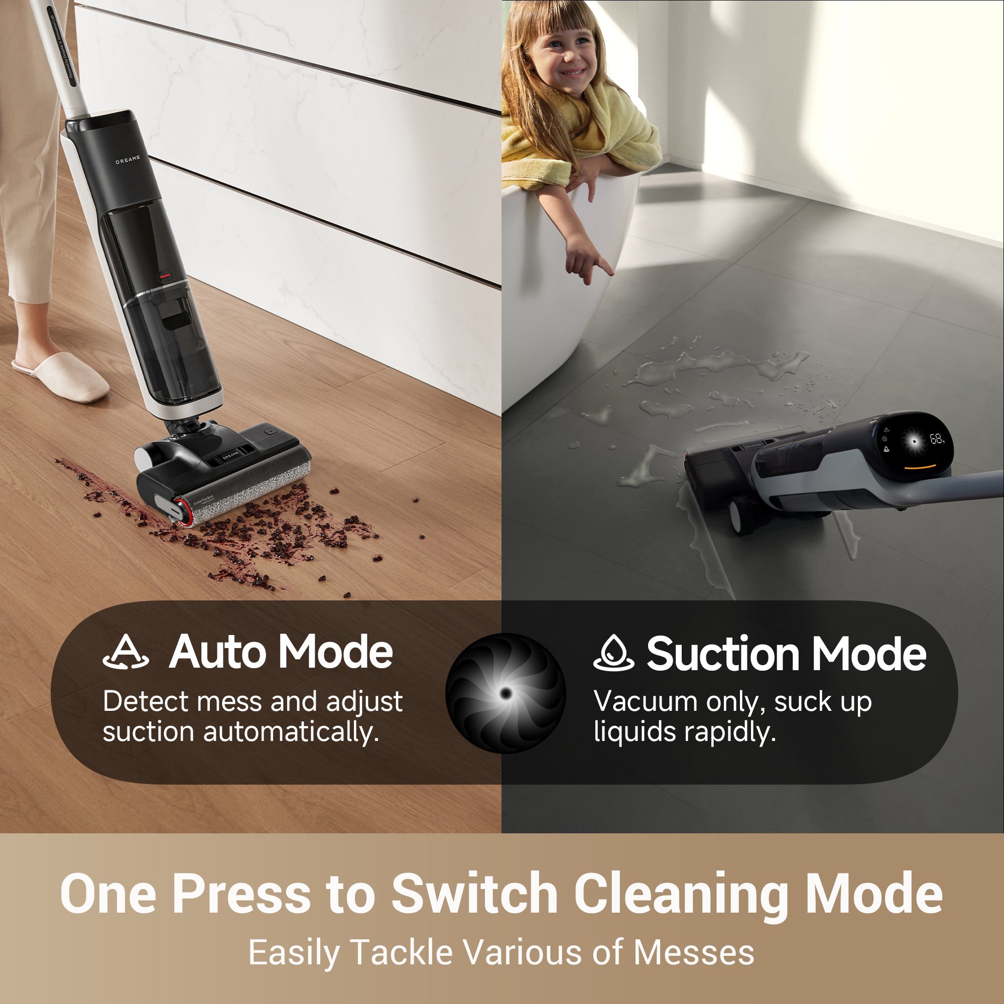 Dreame H14 vacuum in Auto and Suction modes for tackling various messes easily.