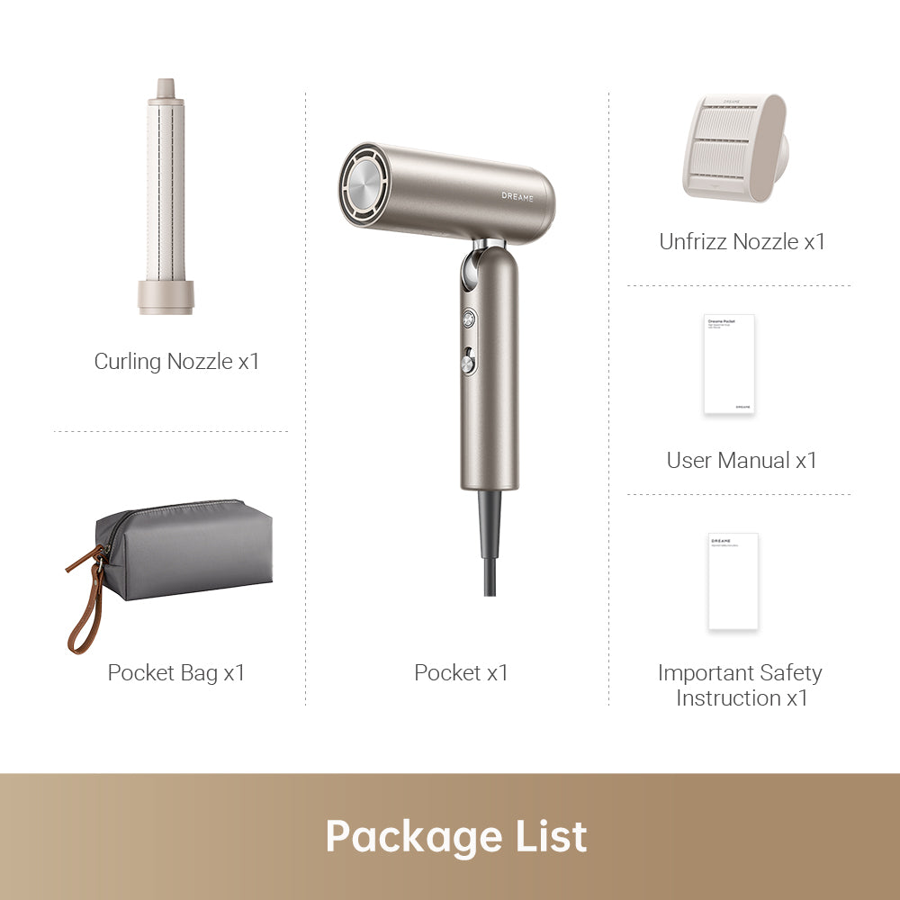 Dreame Pocket Hair Dryer package list with styling nozzles and accessories.