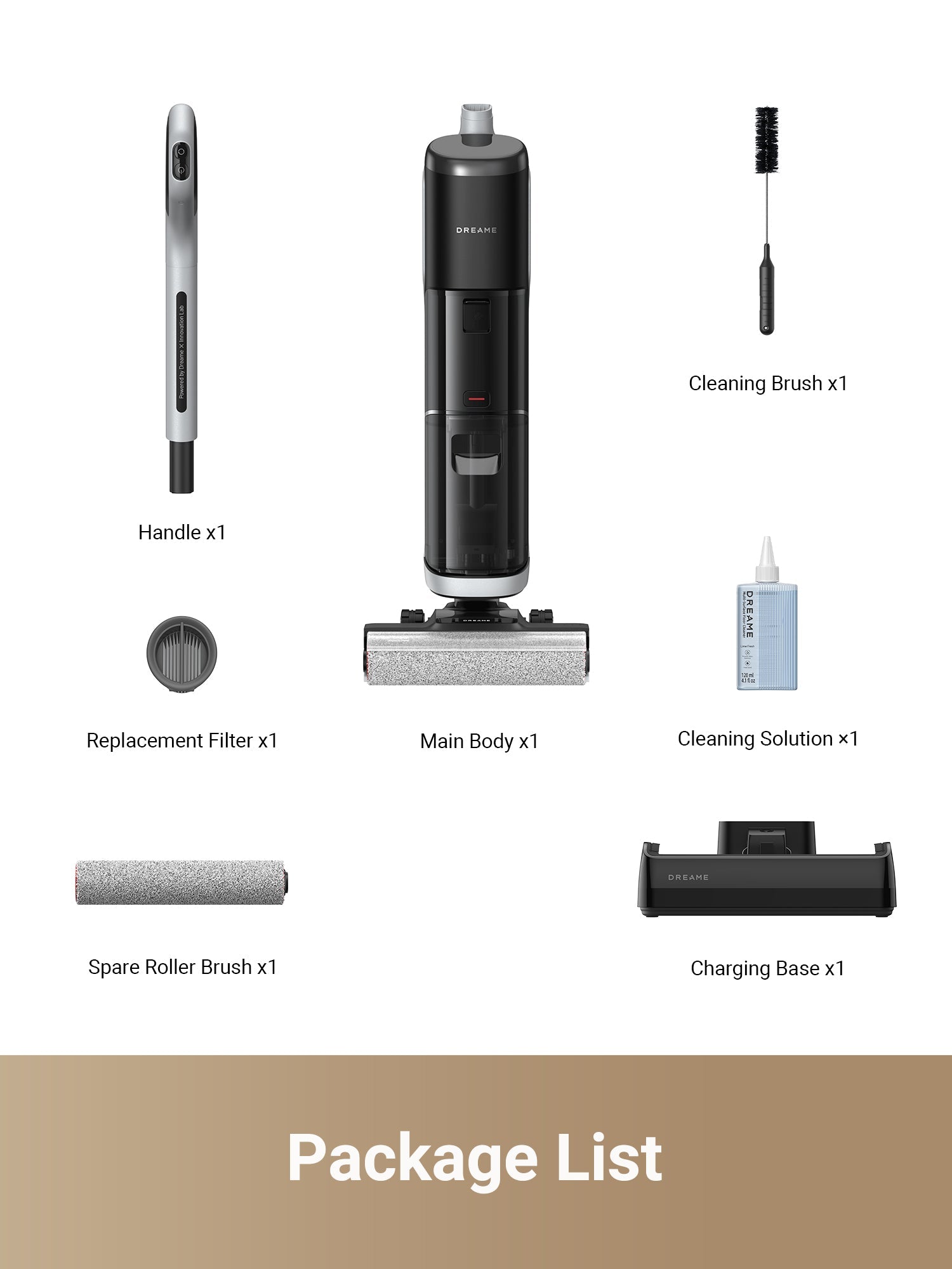 Dreame H14 Pro Wet and Dry Vacuum package list with accessories and components displayed