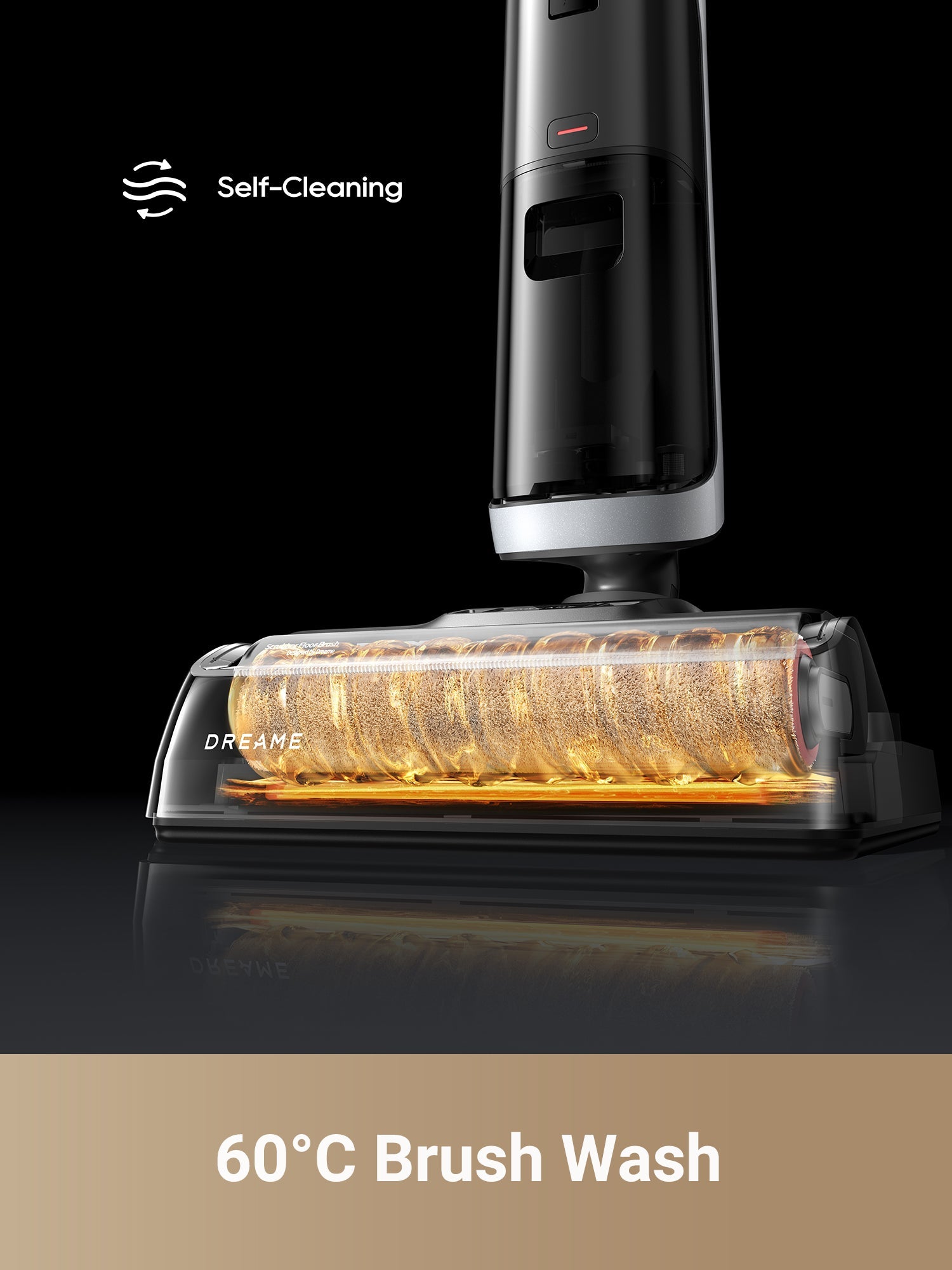 Dreame H14 Pro vacuum displaying 60°C self-cleaning brush wash feature