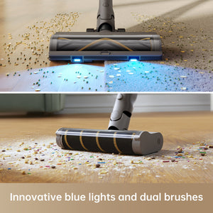 Dreame Z10 Station vacuum highlighting blue lights and dual brushes for effective cleaning.