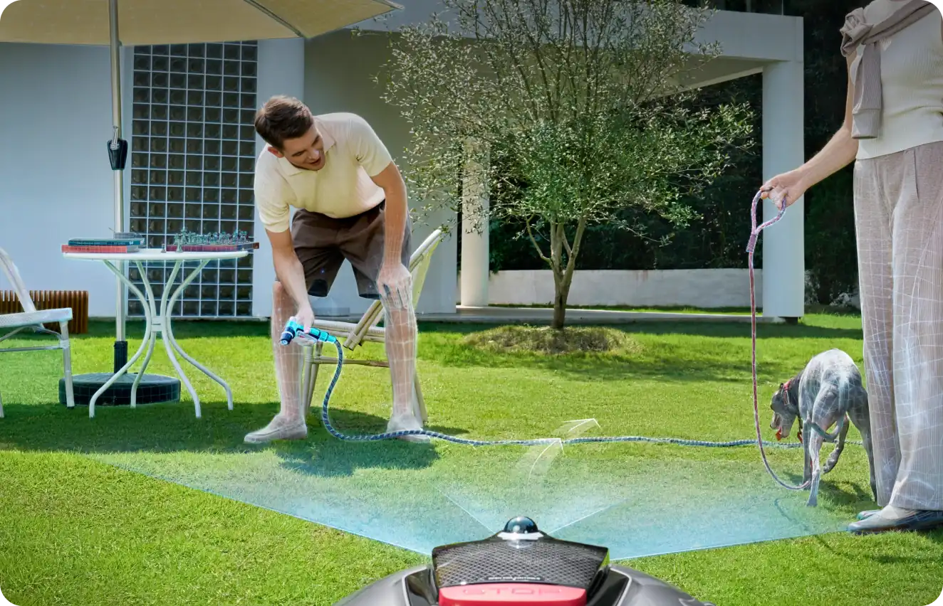 Dreame A3 AWD robot lawn mower detecting and avoiding an obstacle on a suburban lawn