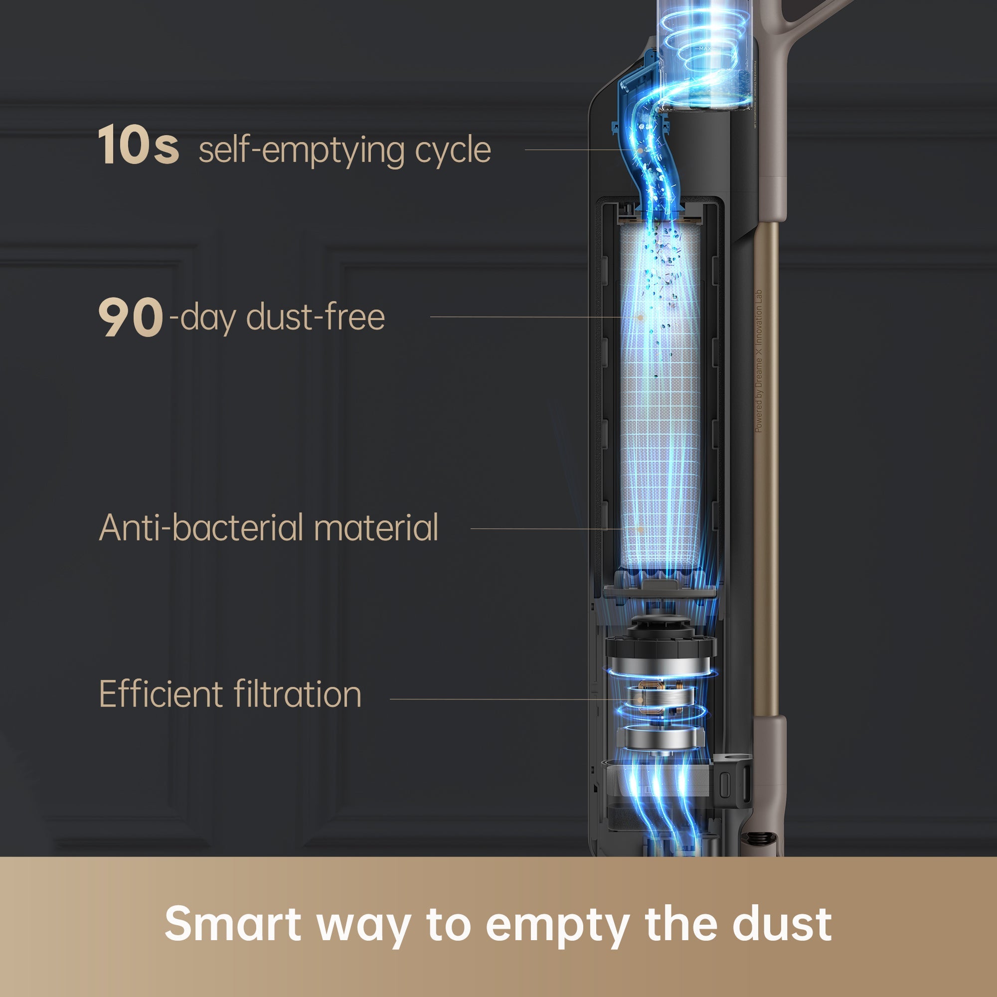 Dreame Z10 Station showing self-emptying cycle and efficient filtration features.