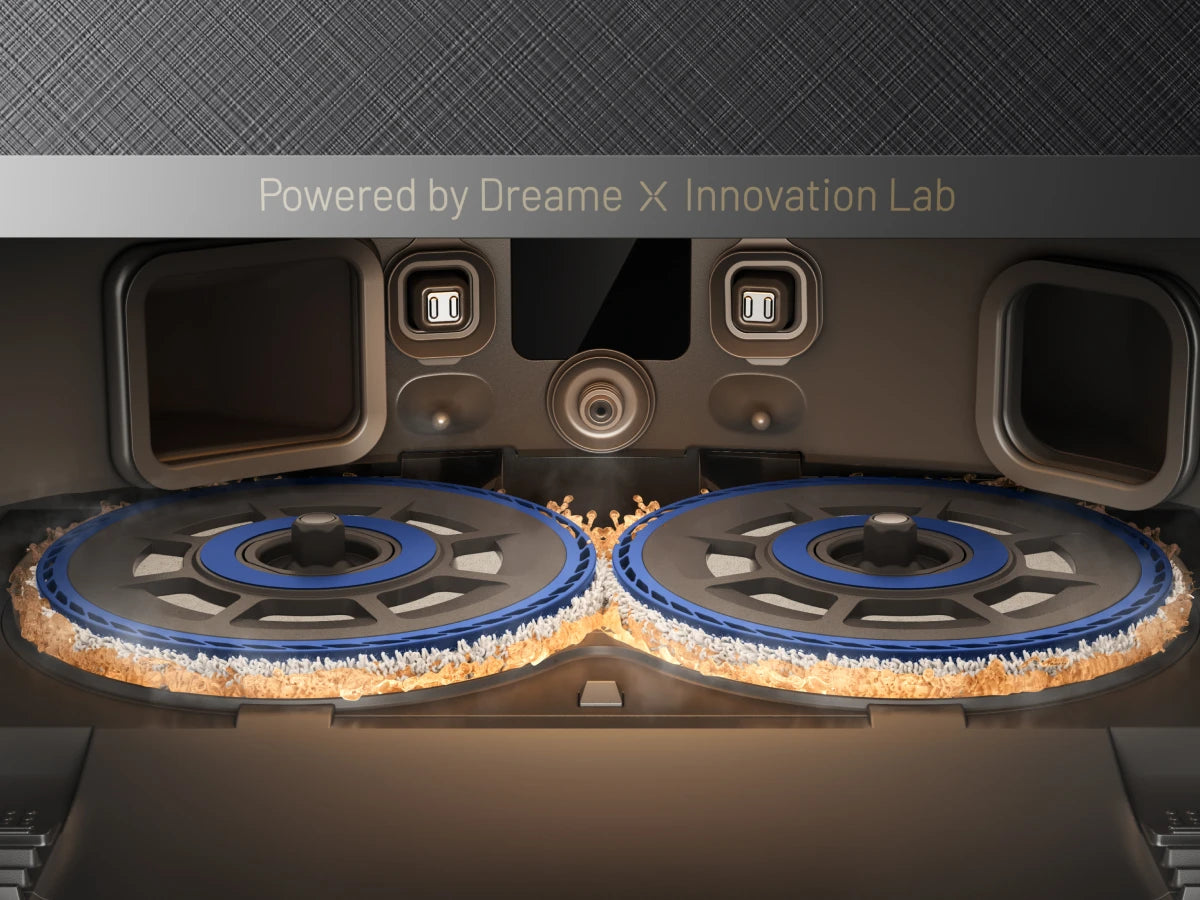 Fast-rotating mop pads scrub the washboard clean.