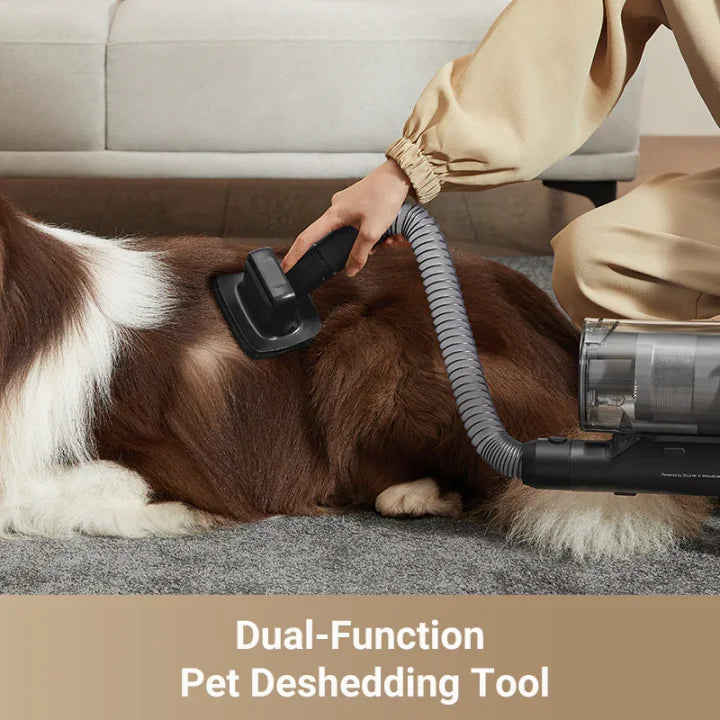 Dreame Z30 pet deshedding tool removing fur from a long-haired dog in one motion.