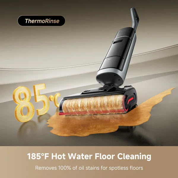 H15 Pro Heat vacuum mop applying 185°F hot water on a hardwood kitchen floor.