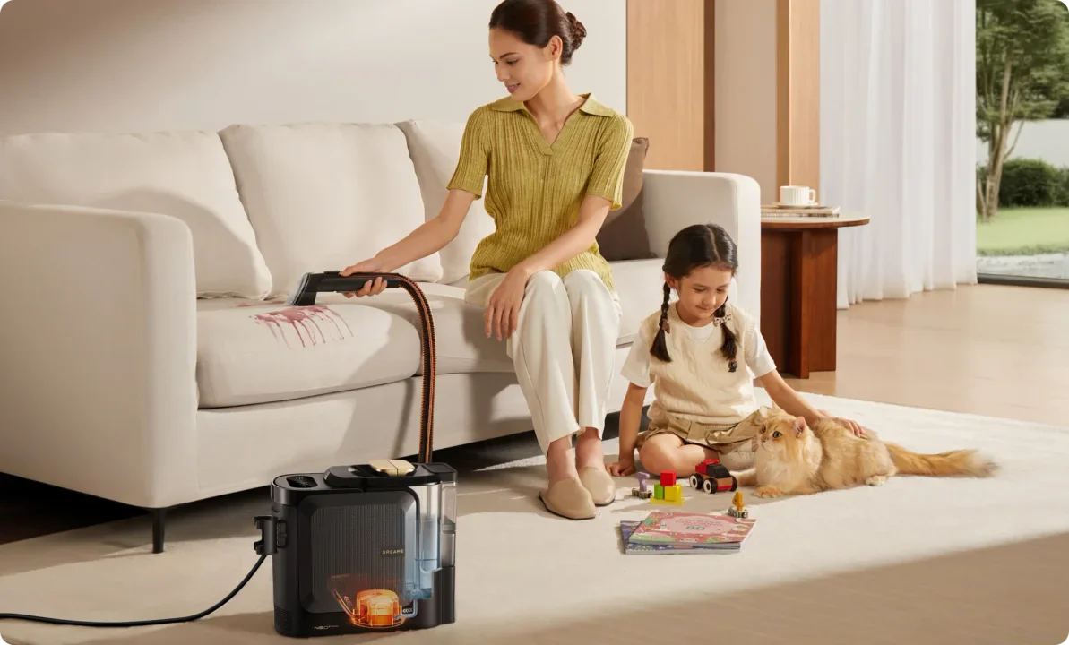 Dreame N20 Steam removing wine, milk, and grease stains from fabric with three water modes.