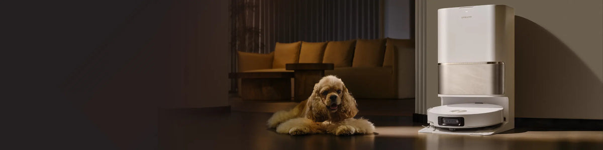 Robot vacuum for pet hair beside a calm resting dog, in a quiet and peaceful home atmosphere.
