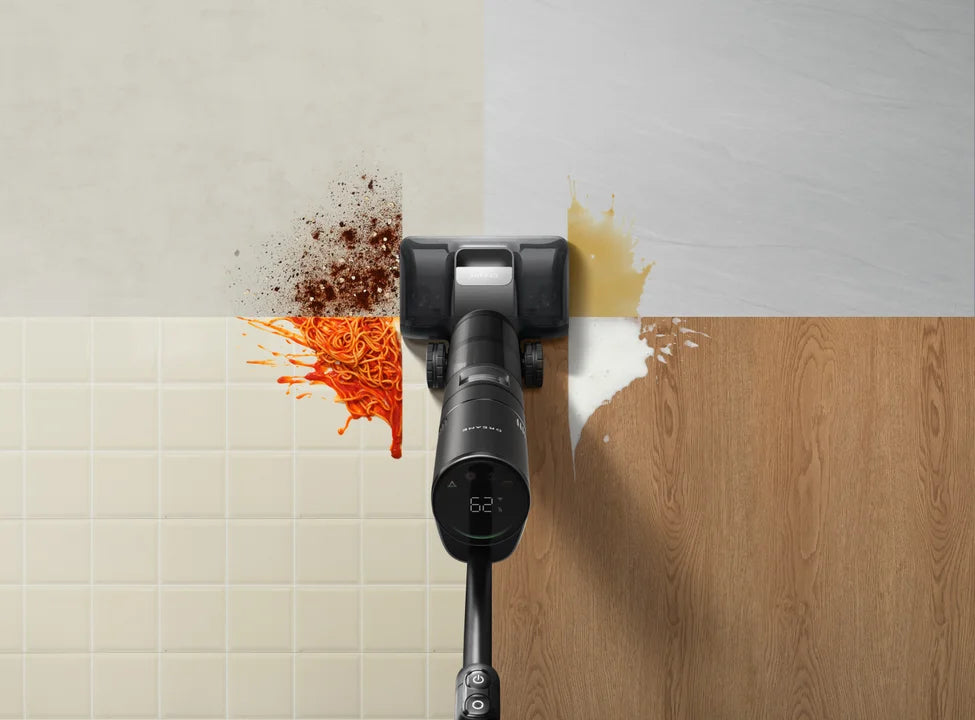 Dreame vacuum mop combo vacuuming and mopping a hard floor in one pass.