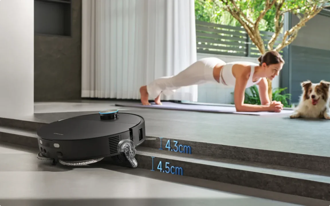 Robot vacuum dock washing mop pads with 212°F hot water and hot-air drying.